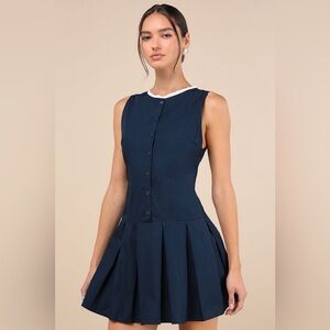 Lulus Motel Academia Navy Blue Cotton Lace ButtonUp Drop Waist Mini Dress XS NWT